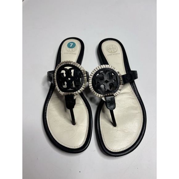 Tory Burch Shoes - Tory Burch Miller Fringe Flip Flop Thong Sandal Black and White Women's 8 M